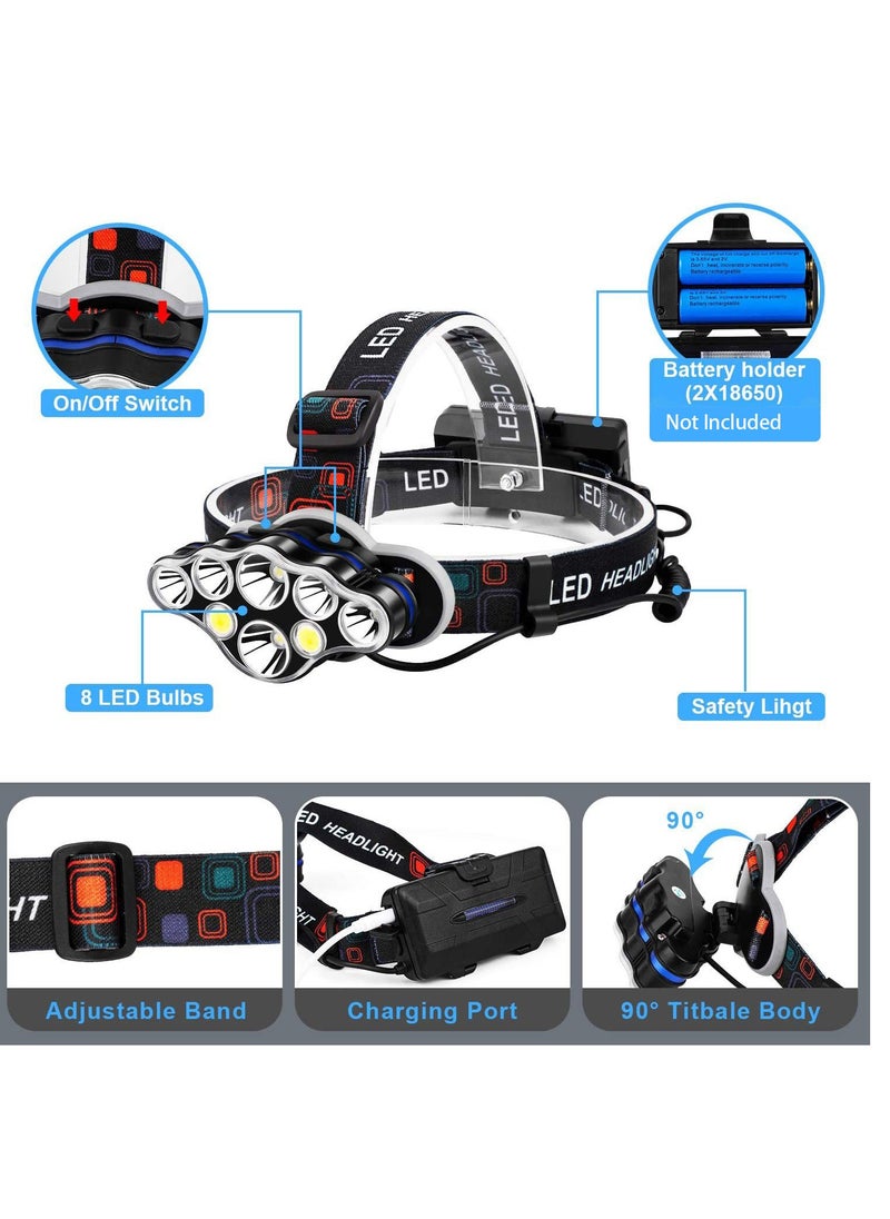 SYOSI Rechargeable Headlamp, 8 LED 18000 High Lumen Bright Head Lamp with Red Light, Lightweight USB Head Light, 8 Mode Waterproof Head Flashlight for Outdoor Running Hunting Hiking Camping Gear  - Image 5