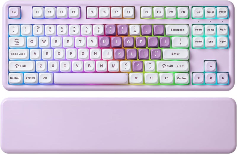YUNZII B87 Wireless Mechanical Keyboard,QMK/VIA Custom Gaming Keyboard,Gasket RGB Keyboard with Cute MOA Keycaps,Wrist Rest,BT5.0/2.4G/USB-C NKRO for Win/Mac (Purple Heart, Milk Linear V2 Switch) - Image 1