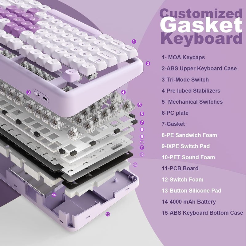 YUNZII B87 Wireless Mechanical Keyboard,QMK/VIA Custom Gaming Keyboard,Gasket RGB Keyboard with Cute MOA Keycaps,Wrist Rest,BT5.0/2.4G/USB-C NKRO for Win/Mac (Purple Heart, Milk Linear V2 Switch) - Image 4