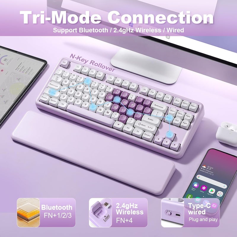 YUNZII B87 Wireless Mechanical Keyboard,QMK/VIA Custom Gaming Keyboard,Gasket RGB Keyboard with Cute MOA Keycaps,Wrist Rest,BT5.0/2.4G/USB-C NKRO for Win/Mac (Purple Heart, Milk Linear V2 Switch) - Image 3