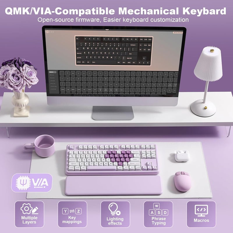 YUNZII B87 Wireless Mechanical Keyboard,QMK/VIA Custom Gaming Keyboard,Gasket RGB Keyboard with Cute MOA Keycaps,Wrist Rest,BT5.0/2.4G/USB-C NKRO for Win/Mac (Purple Heart, Milk Linear V2 Switch) - Image 5