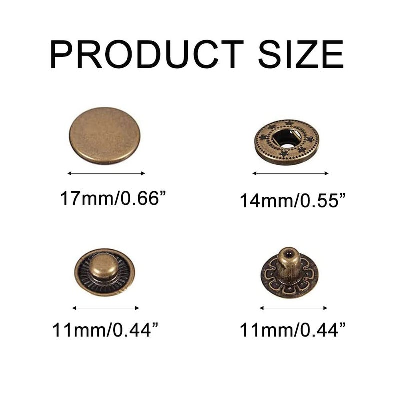 BetterJonny 24 Sets Heavy Duty Leather Snap Fasteners Kit, 17mm Metal Snap Buttons Press Studs Leather Rivets Snaps with 4 Setter Tools for Clothes Bracelet Jackets Jeans (Antique Brass) - Image 3