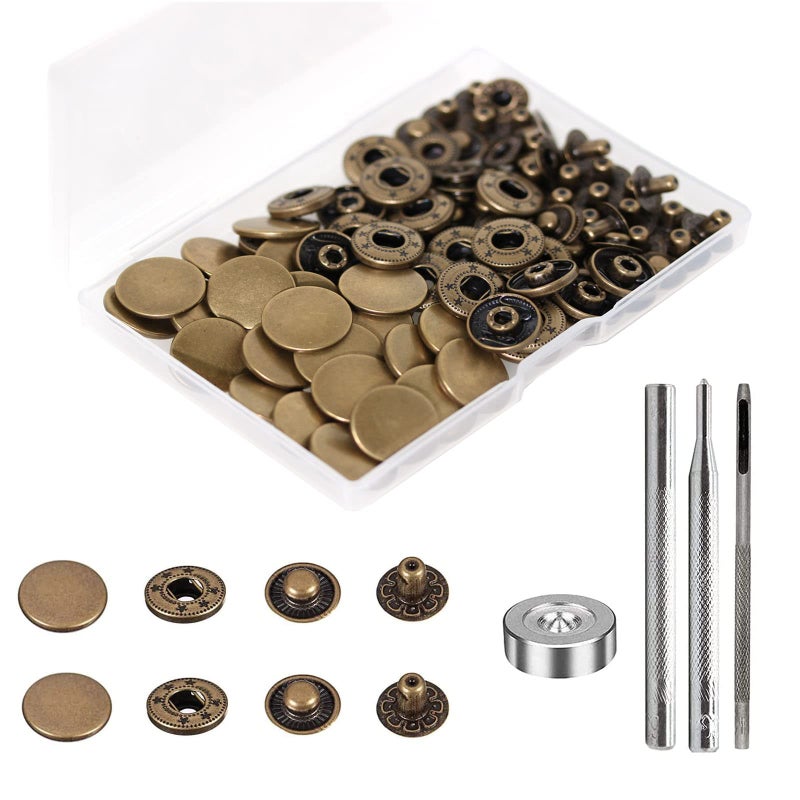 BetterJonny 24 Sets Heavy Duty Leather Snap Fasteners Kit, 17mm Metal Snap Buttons Press Studs Leather Rivets Snaps with 4 Setter Tools for Clothes Bracelet Jackets Jeans (Antique Brass) - Image 1