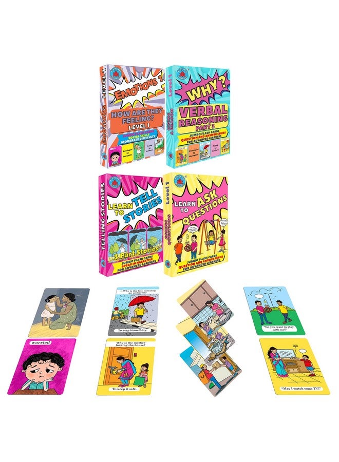 Social Skils, Verbal Reasoning, Narrative Skills | 4 Decks to Teach - Emotions, Level 1, Answer 'Why' Questions, Ask Questions, Story Sequencing | Speak English - Image 1
