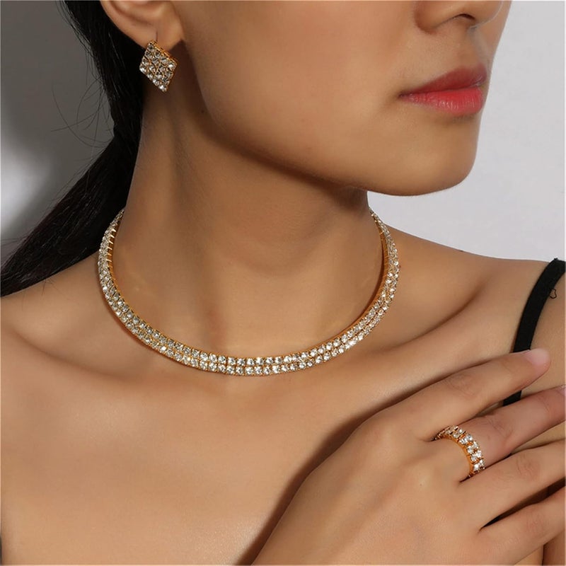cheekyglo 1 Set 1-5 Rows Rhinestone Choker Necklace & Bracelets Crystal Necklace Collar Bridal Jewelry \u200bfor Dance Party Wedding,Gold-2 Rows - Image 5