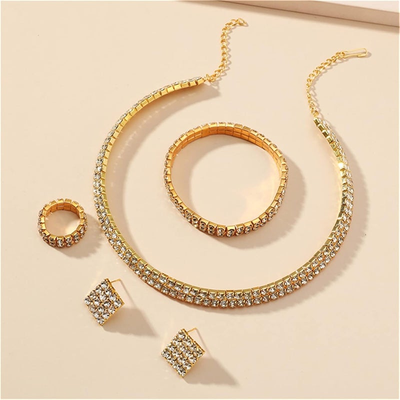 cheekyglo 1 Set 1-5 Rows Rhinestone Choker Necklace & Bracelets Crystal Necklace Collar Bridal Jewelry \u200bfor Dance Party Wedding,Gold-2 Rows - Image 3