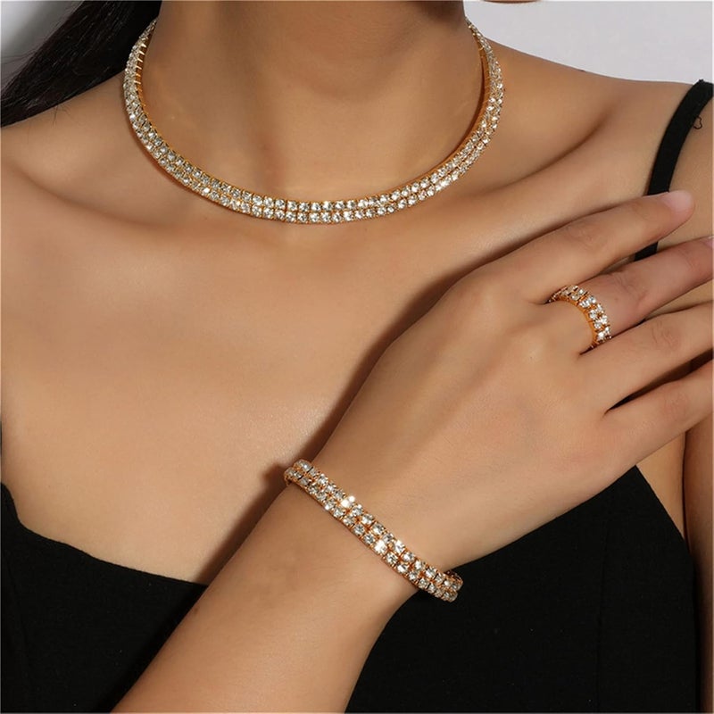 cheekyglo 1 Set 1-5 Rows Rhinestone Choker Necklace & Bracelets Crystal Necklace Collar Bridal Jewelry \u200bfor Dance Party Wedding,Gold-2 Rows - Image 4
