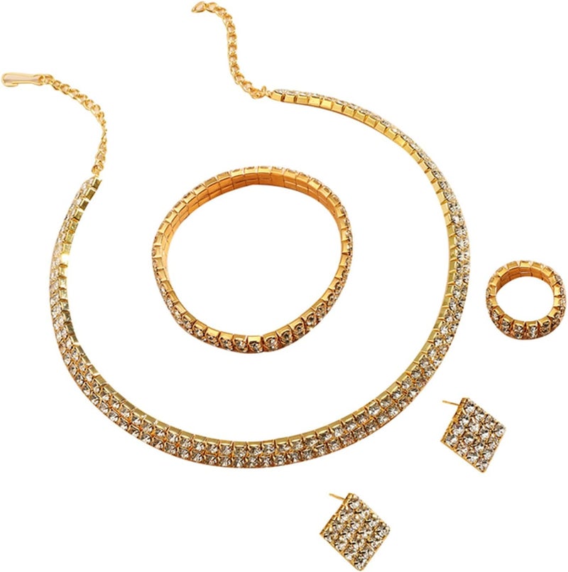cheekyglo 1 Set 1-5 Rows Rhinestone Choker Necklace & Bracelets Crystal Necklace Collar Bridal Jewelry \u200bfor Dance Party Wedding,Gold-2 Rows - Image 1
