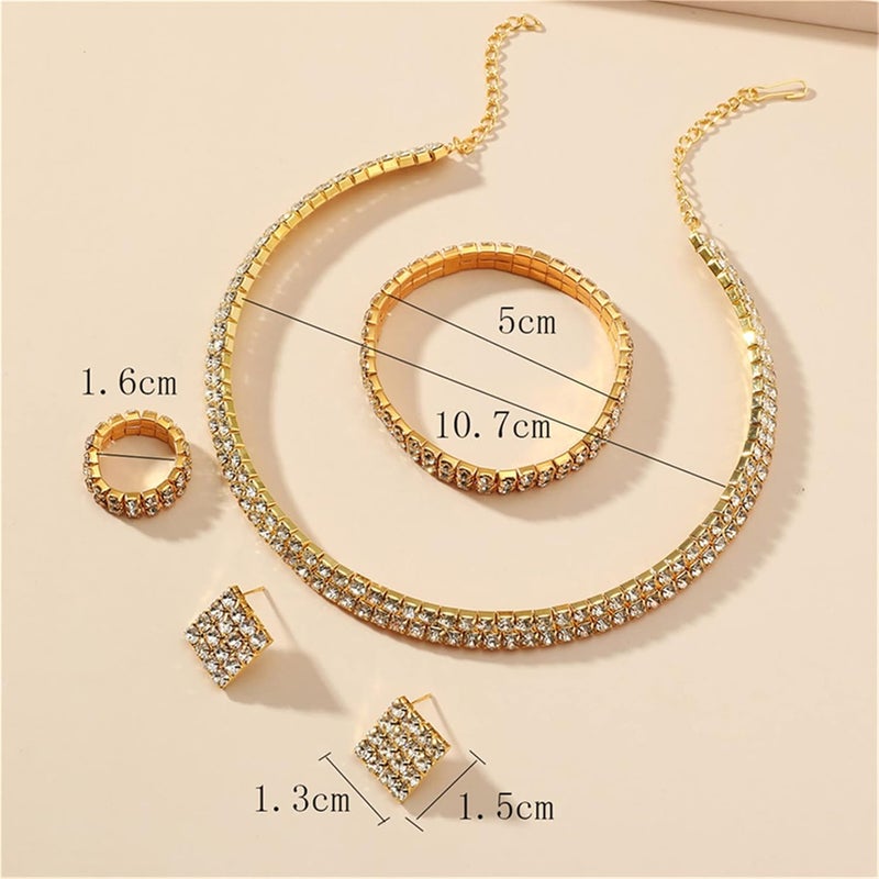 cheekyglo 1 Set 1-5 Rows Rhinestone Choker Necklace & Bracelets Crystal Necklace Collar Bridal Jewelry \u200bfor Dance Party Wedding,Gold-2 Rows - Image 2