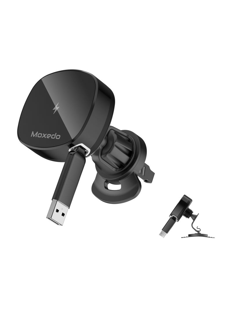 Moxedo Moxedo 2 in 1 Wireless Charger Phone Holder 15W Magnetic Car Mount Air Vent Metal Hook with Built-in USB-A/ USB-C Retractable Cable Compatible for iPhone 16 15 14 13 12 Pro Max Mag Safe Case - Image 1