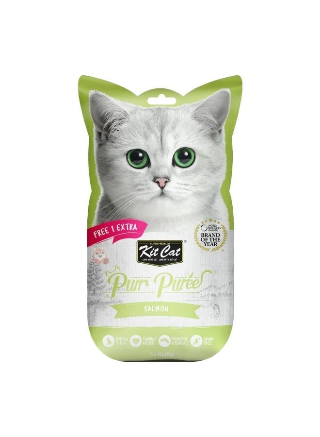 Kit Cat Purr Purée, a liquid cat treat with a salmon flavor. 5 x 15g (75g) - Image 1