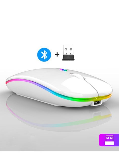 Wireless Bluetooth Mouse, Bluetooth 5.1 + USB, 2.4GHz Rechargeable Silent Bluetooth Wireless Mouse, Computer Mice with USB Receiver(White with RGB Light)