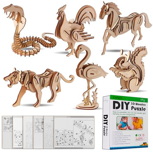 calary 3D Wooden Puzzle Simulation Animal Dinosaur Assembly DIY Model Toy for Kids and AdultsSet of 6 - Image 1