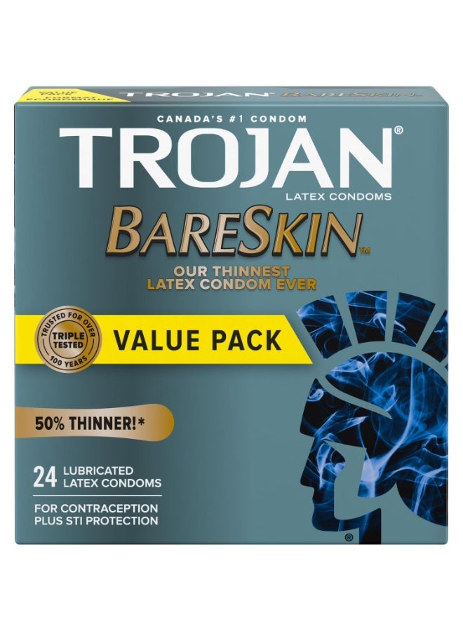 Trojan BareSkin Lubricated Condoms, Super Thin & Sensitive, 24 Lubricated Latex Condoms - Image 1