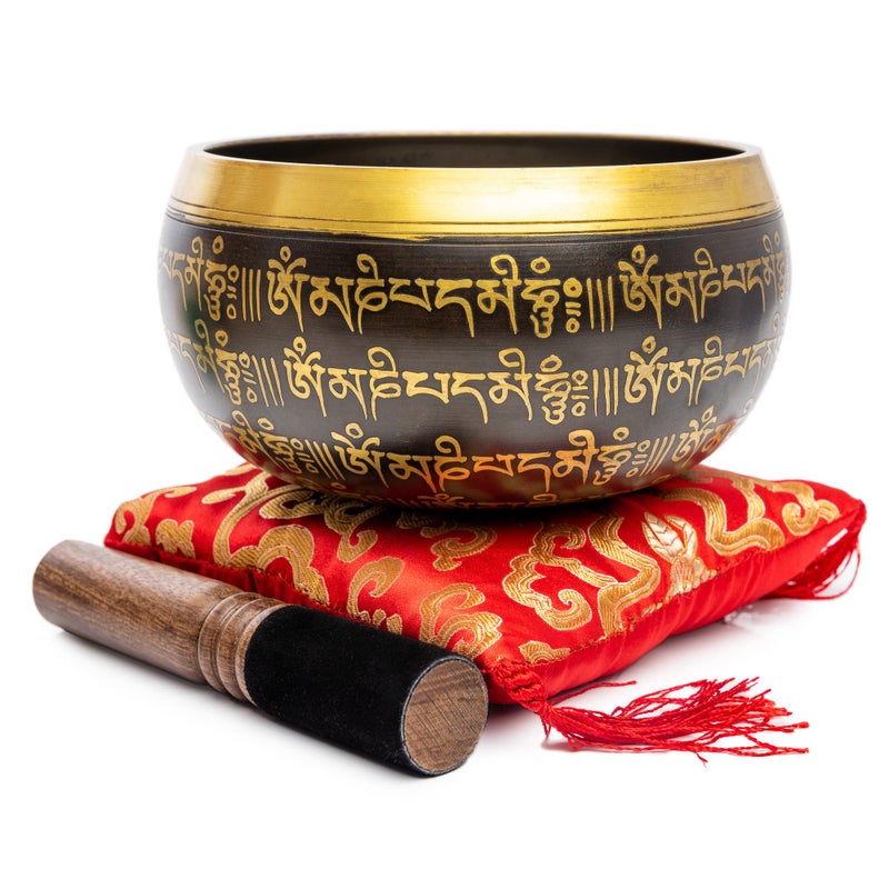 HIMALAYAN BAZAAR Tibetan Singing Bowl Set - 4" Easy To Play Authentic Handmade For Meditation Sound 7 Chakra Healing By Himalayan Bazaar (Black & Red) - Image 1
