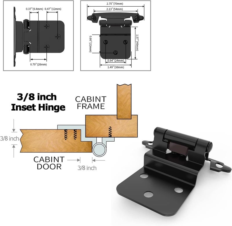 Chibery 3/8 Inch Inset Cabinet Hinges, 5 Pairs(10 Pack) Self Closing Flush Face Mount Hinges with Door Bumper, Variable Decorative Hardware for Bathroom, Furniture, Kitchen Cabinet Doors, Matte Black - Image 4