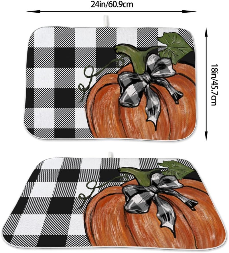 Sorktse Fall Dish Drying Mat 18 x 24 Inch Thanksgiving Buffalo Plaid Pumpkin Drying Mat for Kitchen Counter Absorbent Farmhouse Autumn Orange Pumpkin Dishes Dry Pad for Drainer Rack Kitchen Fast Dry - Image 4