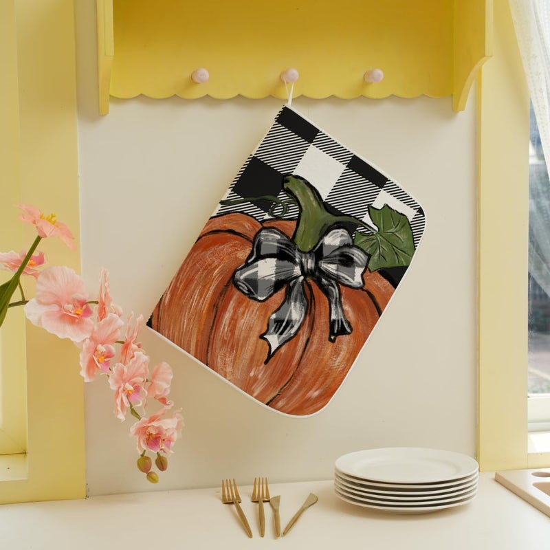 Sorktse Fall Dish Drying Mat 18 x 24 Inch Thanksgiving Buffalo Plaid Pumpkin Drying Mat for Kitchen Counter Absorbent Farmhouse Autumn Orange Pumpkin Dishes Dry Pad for Drainer Rack Kitchen Fast Dry - Image 5