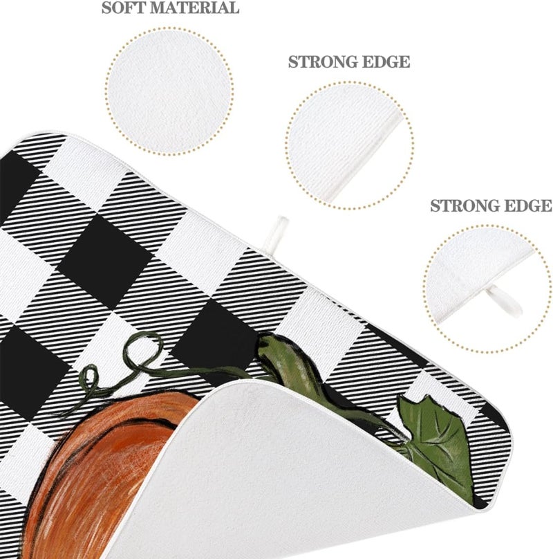 Sorktse Fall Dish Drying Mat 18 x 24 Inch Thanksgiving Buffalo Plaid Pumpkin Drying Mat for Kitchen Counter Absorbent Farmhouse Autumn Orange Pumpkin Dishes Dry Pad for Drainer Rack Kitchen Fast Dry - Image 3
