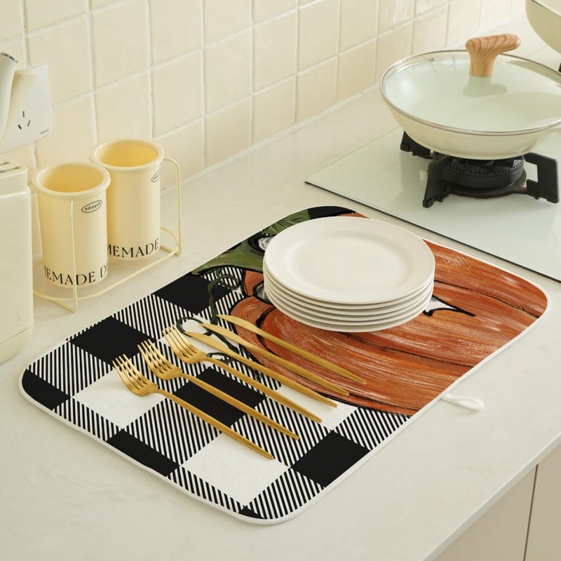 Sorktse Fall Dish Drying Mat 18 x 24 Inch Thanksgiving Buffalo Plaid Pumpkin Drying Mat for Kitchen Counter Absorbent Farmhouse Autumn Orange Pumpkin Dishes Dry Pad for Drainer Rack Kitchen Fast Dry - Image 2