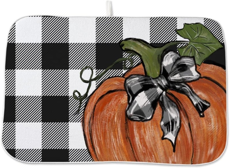Sorktse Fall Dish Drying Mat 18 x 24 Inch Thanksgiving Buffalo Plaid Pumpkin Drying Mat for Kitchen Counter Absorbent Farmhouse Autumn Orange Pumpkin Dishes Dry Pad for Drainer Rack Kitchen Fast Dry - Image 1