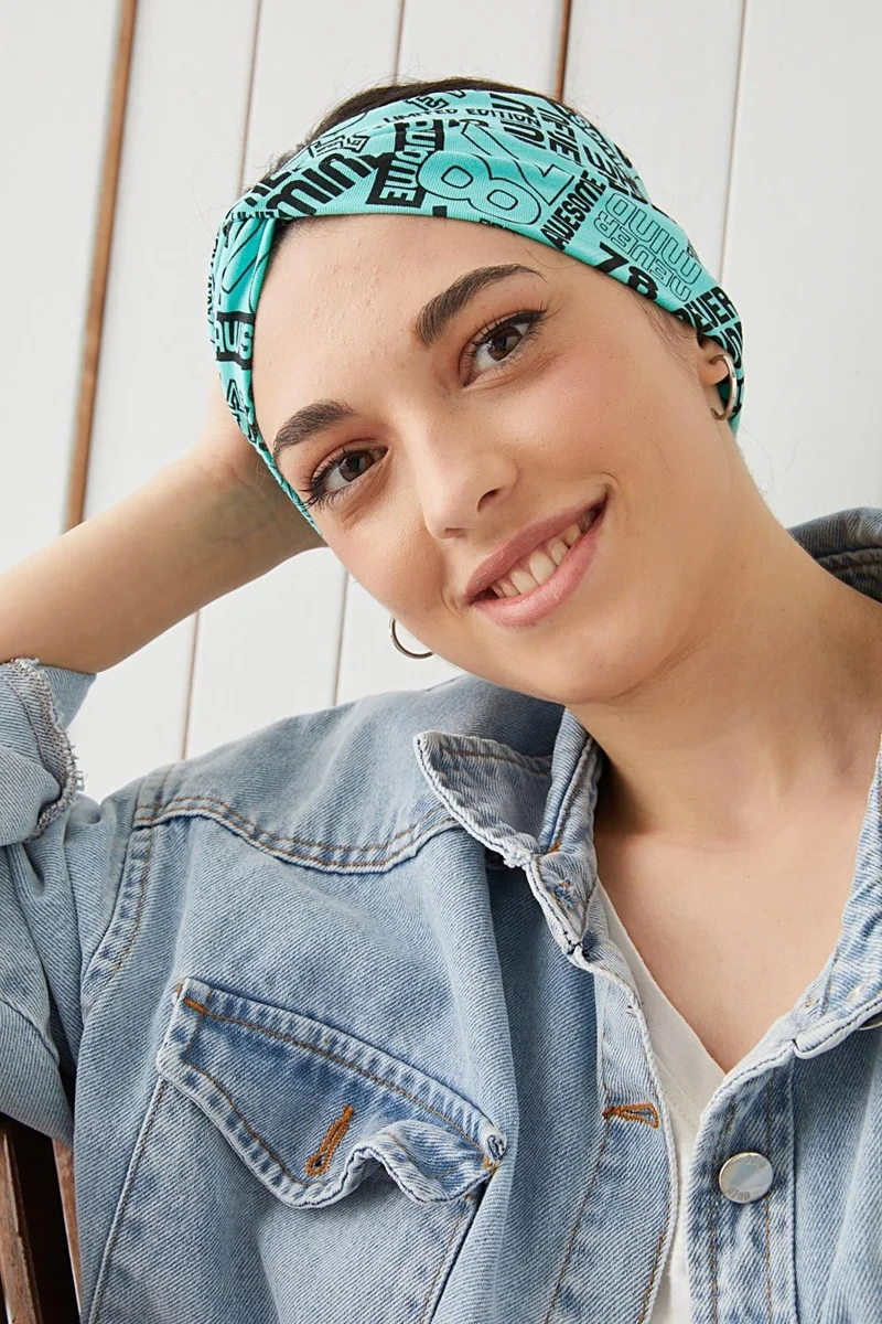 Butikgiz Turquaz Black Patterned Bandana Hair Band Extra Soft Flexible Natural Cotton Combed Cotton