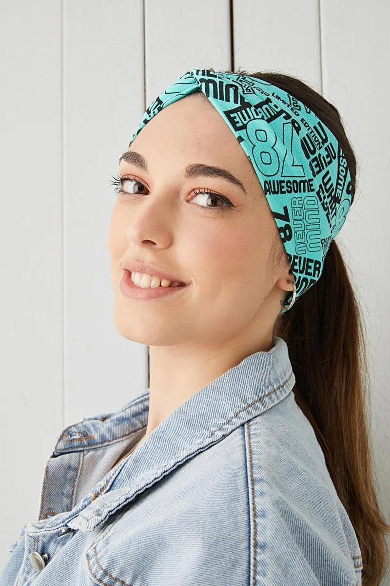 Butikgiz Turquaz Black Patterned Bandana Hair Band Extra Soft Flexible Natural Cotton Combed Cotton