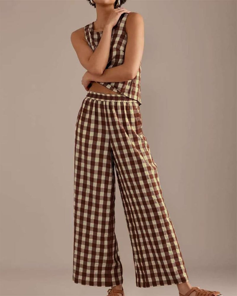 codcm Women 2 Piece Summer Outfits Gingham Lounge Set Y2k Plaid Sleeveless Top Wide Leg Pants Matching Set(Brown,Large) - Image 3