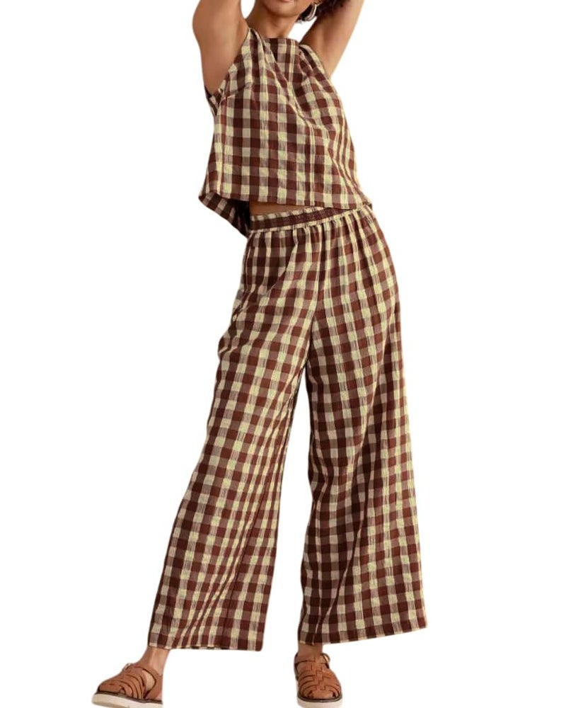 codcm Women 2 Piece Summer Outfits Gingham Lounge Set Y2k Plaid Sleeveless Top Wide Leg Pants Matching Set(Brown,Large) - Image 1
