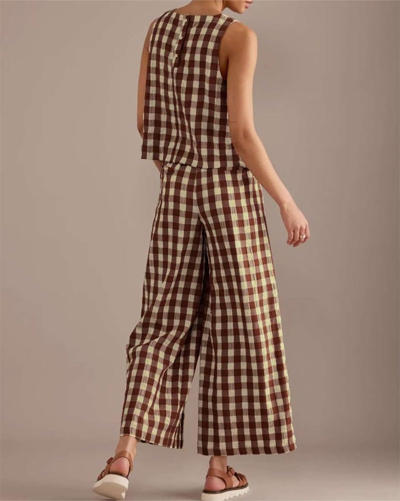 codcm Women 2 Piece Summer Outfits Gingham Lounge Set Y2k Plaid Sleeveless Top Wide Leg Pants Matching Set(Brown,Large) - Image 4
