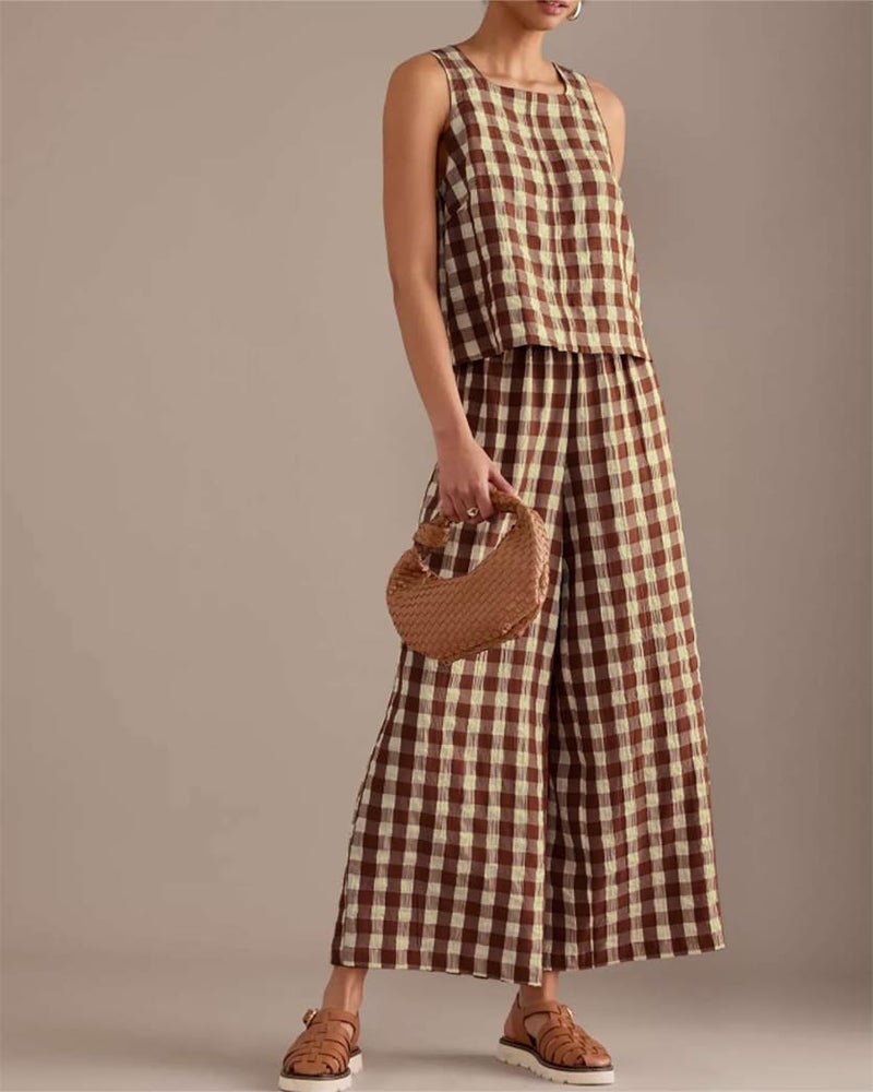 codcm Women 2 Piece Summer Outfits Gingham Lounge Set Y2k Plaid Sleeveless Top Wide Leg Pants Matching Set(Brown,Large) - Image 2