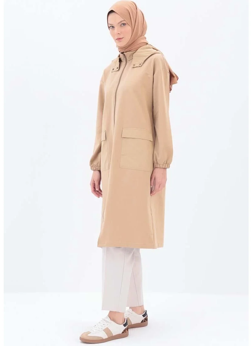 Allday Beige-Hooded Zippered Cardigan