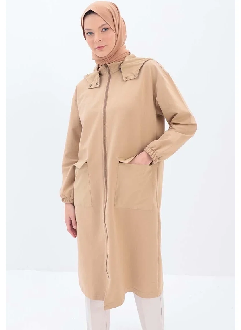 Allday Beige-Hooded Zippered Cardigan