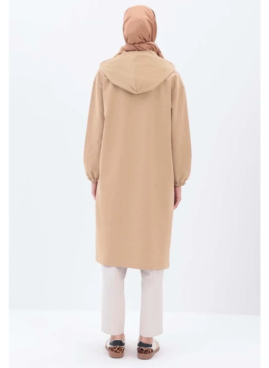 Allday Beige-Hooded Zippered Cardigan