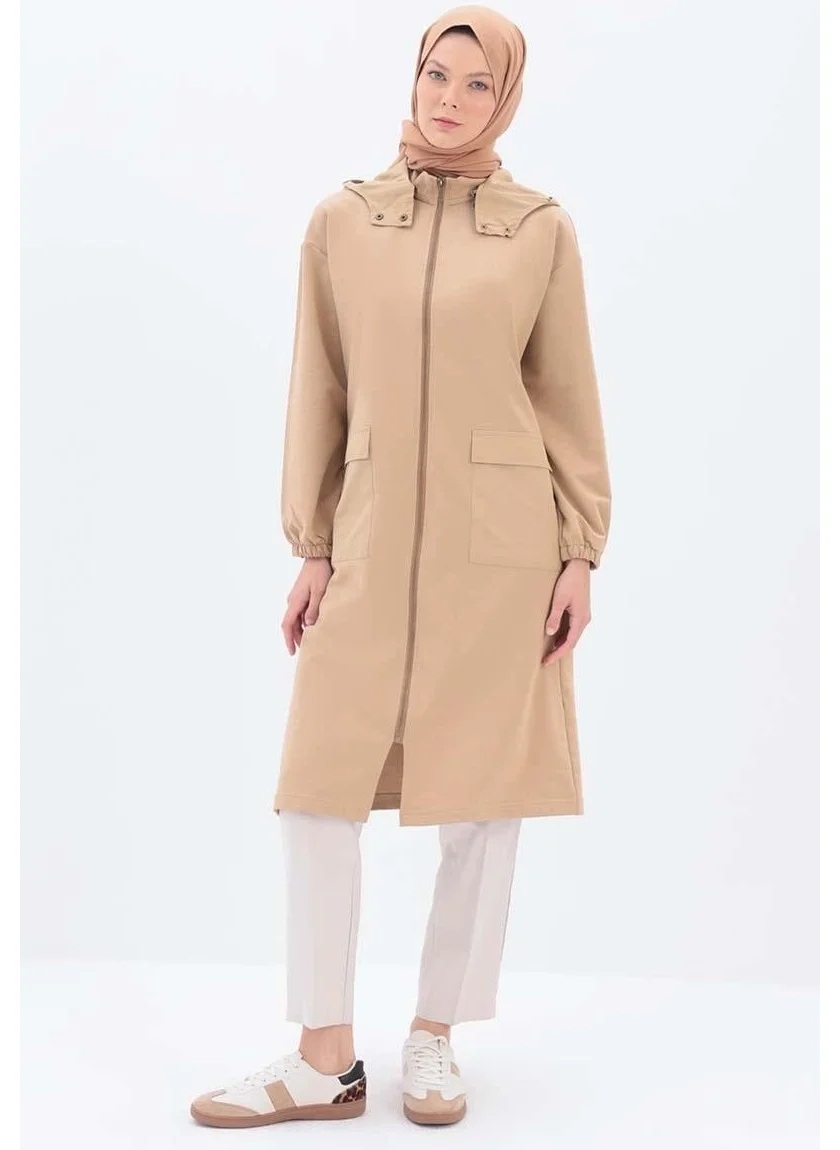 Allday Beige-Hooded Zippered Cardigan