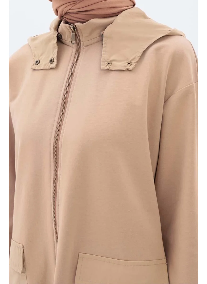 Allday Beige-Hooded Zippered Cardigan