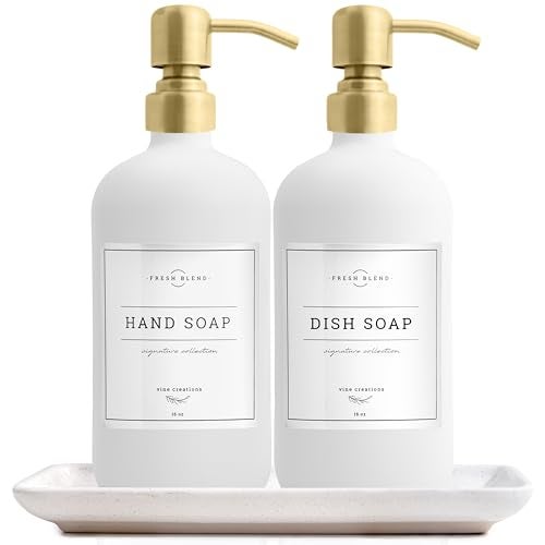 Vine Creations Glass Soap Dispenser, 2 Pack Kitchen Soap Dispenser Set with Ceramic Tray, Stainless Steel Pump, Dish Soap and Hand Soap Dispensers for Bathroom or Kitchen Decor with Waterproof Labels - Image 1