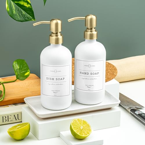 Vine Creations Glass Soap Dispenser, 2 Pack Kitchen Soap Dispenser Set with Ceramic Tray, Stainless Steel Pump, Dish Soap and Hand Soap Dispensers for Bathroom or Kitchen Decor with Waterproof Labels - Image 2