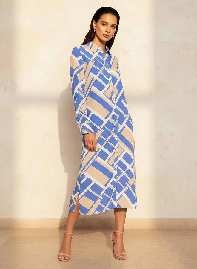 ايكونيك Iconic Midi Viscose Shirt Dress with Geometric Print