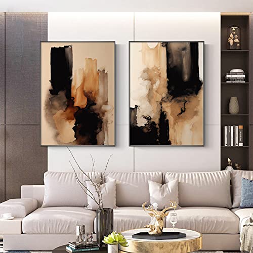 Wallvelart Black And Brown Abstract Wall Art Watercolor Prints Brown Abstract Pictures Terracotta Art Abstract Watercolor Paintings On Canvas Terracotta Artwork Modern Black Brown Poster Art 16x24inchx2 No Frame - Image 1