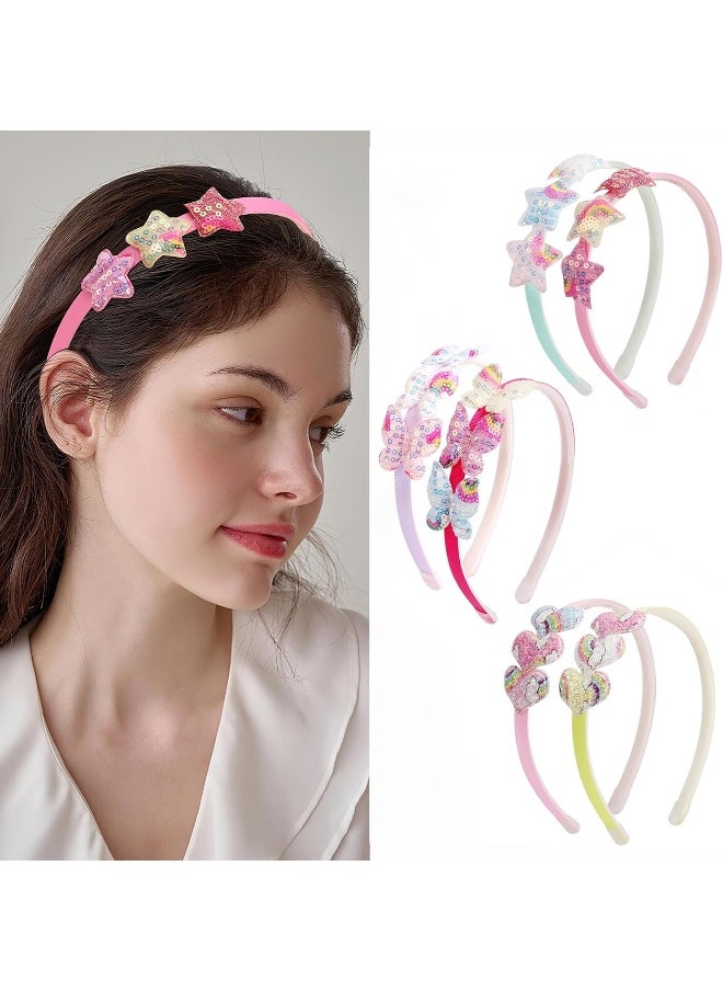 Fishdown Fishdown Girls Headbands for Kids Glitter Toddler Girl Sequin Headbands Glitter Heart Rainbow Butterfly Star Non-slip Headbands with Teeth (6 PCS)  - Image 3