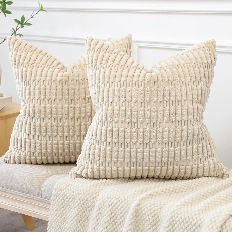 JOTOM Corduroy Soft Striped Decorative Throw Pillow Covers 24x24 Inch Square Cushion Covers 60x60 cm Boho Home Decor Pillowcases Cushion Case for Sofa Couch Living Room Bed Set of 2 (Beige) - Image 3