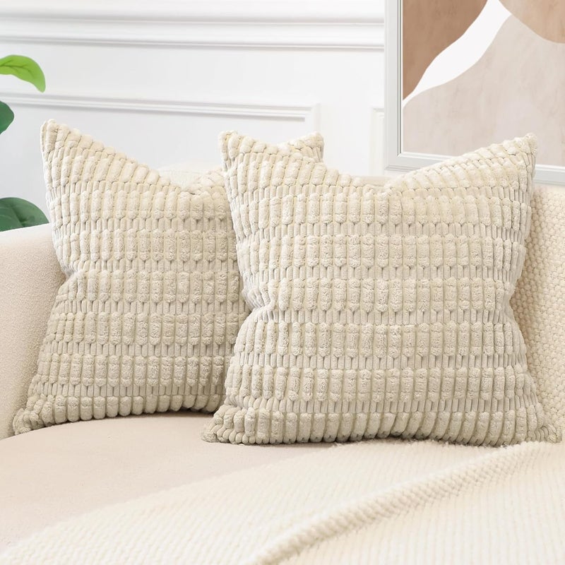 JOTOM Corduroy Soft Striped Decorative Throw Pillow Covers 24x24 Inch Square Cushion Covers 60x60 cm Boho Home Decor Pillowcases Cushion Case for Sofa Couch Living Room Bed Set of 2 (Beige) - Image 2