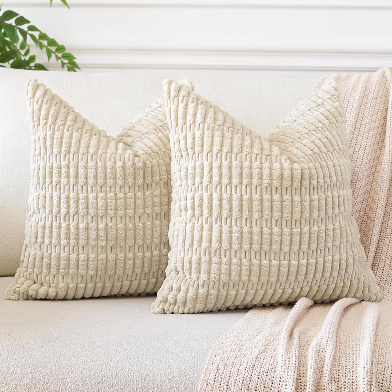 JOTOM Corduroy Soft Striped Decorative Throw Pillow Covers 24x24 Inch Square Cushion Covers 60x60 cm Boho Home Decor Pillowcases Cushion Case for Sofa Couch Living Room Bed Set of 2 (Beige) - Image 1