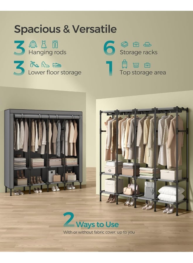 SONGMICS Wardrobe Closet, 67.3 Inch Large Capacity Portable Closet, Clothing Rack, 25 mm Dia,Thick Steel Tubes, Clothes Organizer with Fabric Cover, 4 Hanging Rails, 8 Shelves, Dove Gray - Image 3