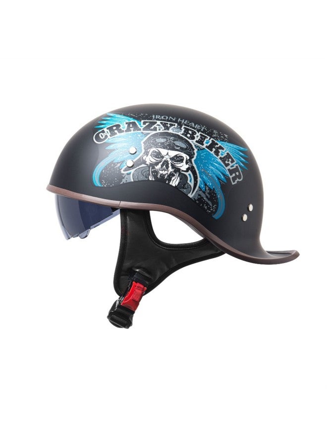 Unisex Reversible Four-Season Electric Vehicle Half Helmet Retro Harley Prince Style Knight Blue Devil with Sunglasses
