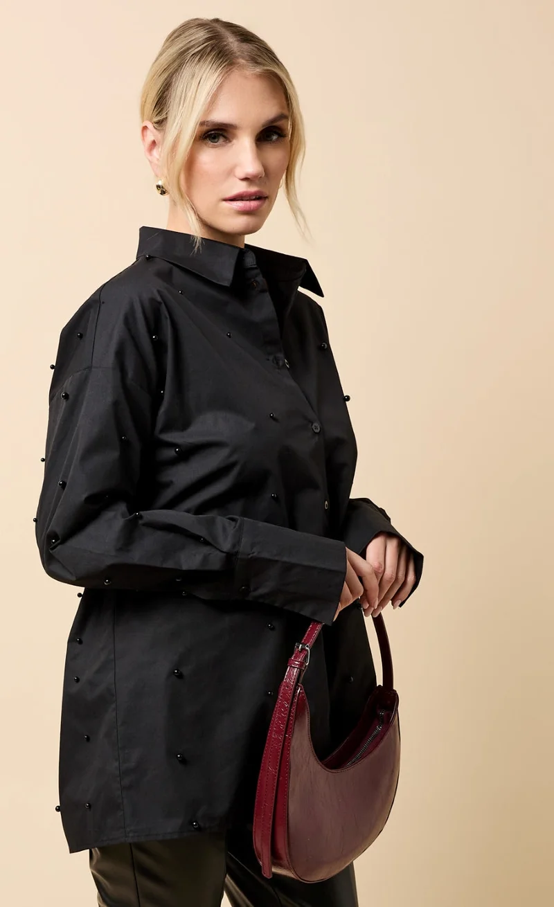 Little Mistress Black Cotton Pearl Embelished Shirt