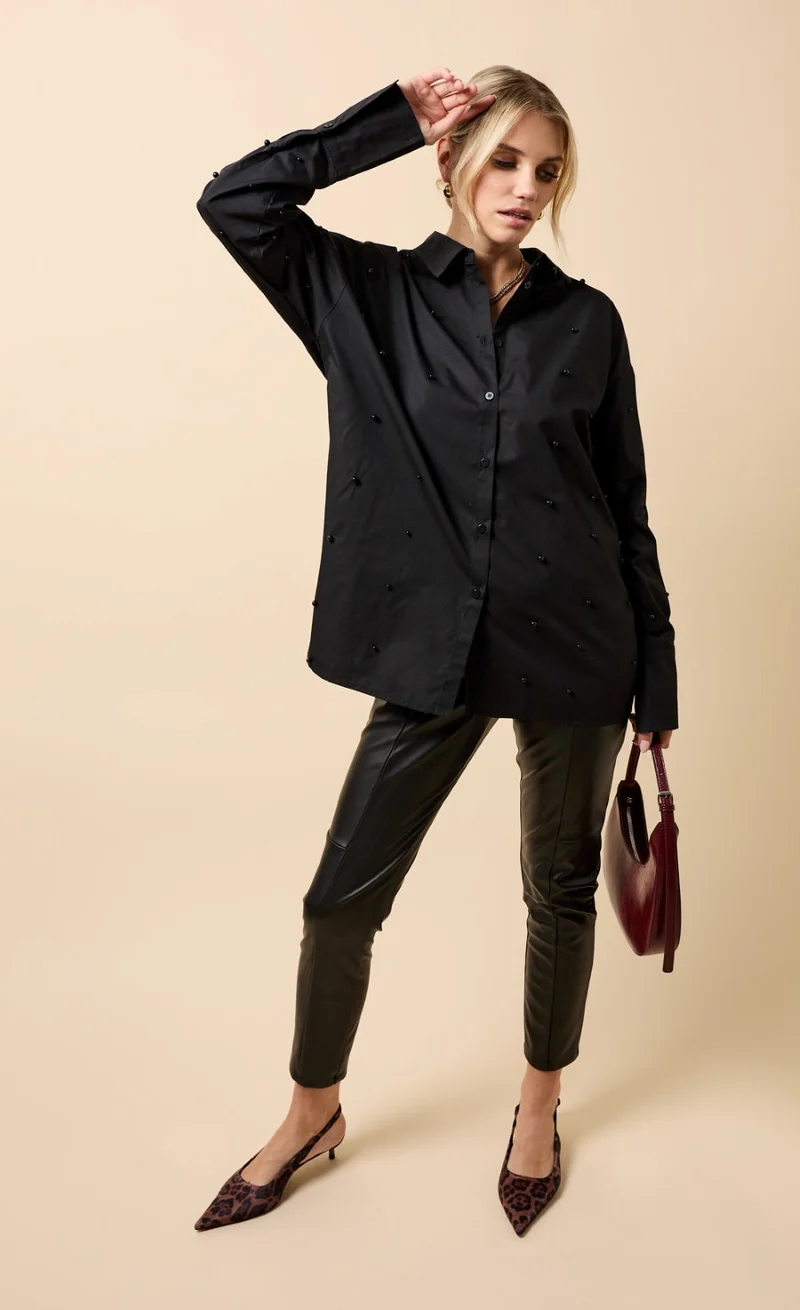 Little Mistress Black Cotton Pearl Embelished Shirt