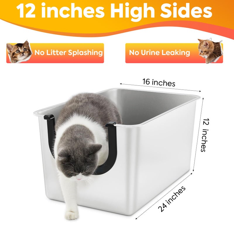 Yangbaga Extra Large Stainless Steel Litter Box, Leak Proof 12 Inches High Sides for Urine & Litter Trapping, Corner Litter Box for Kittens, Older Cats,Non-Stick,Non-Slip,No Sharp Edges - Image 2