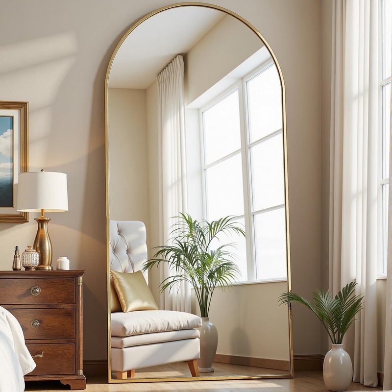 Dewfig 71"X26" Arched Full Length Mirror, Free Standing Leaning or Wall-Mounted Mirror, Aluminum Frame Modern Mirrors for Living Room, Bedroom, Cloakroom, Gold - Image 1